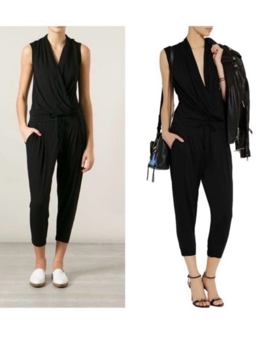 Helmut Lang black faux wrap jersey capri jumpsuit